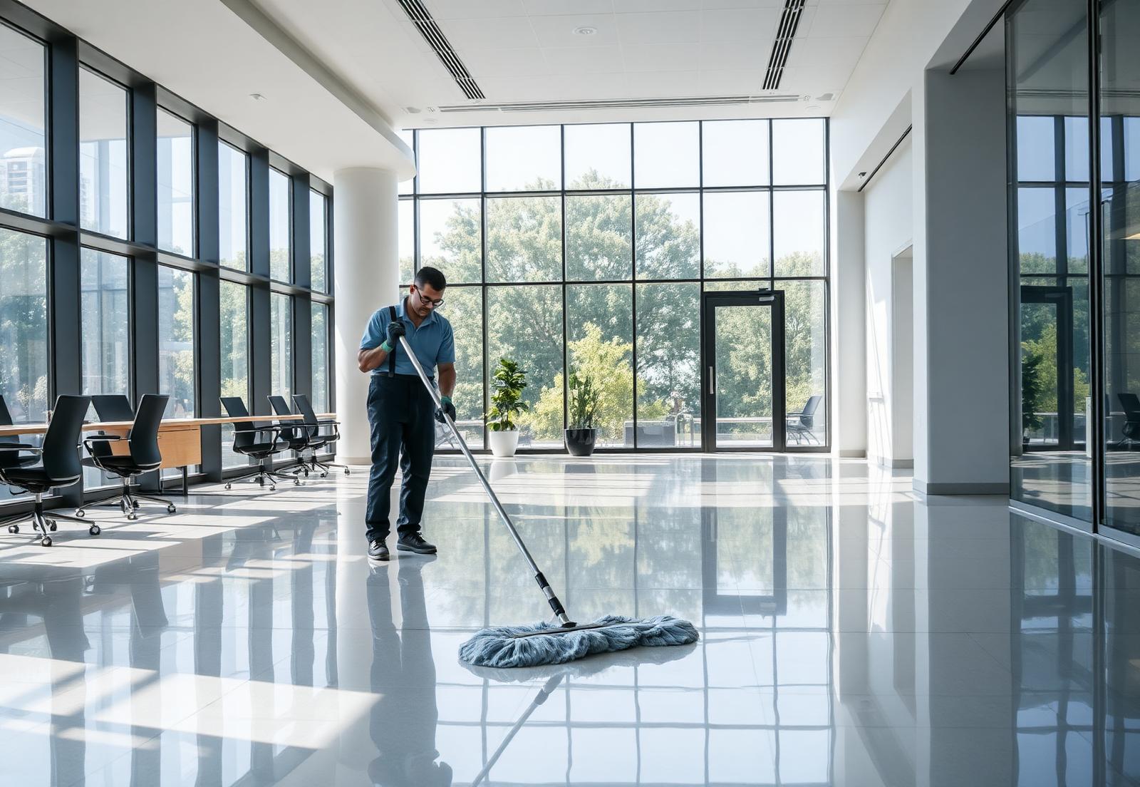 Schoonmaker dweilt een moderne kantoorvloer