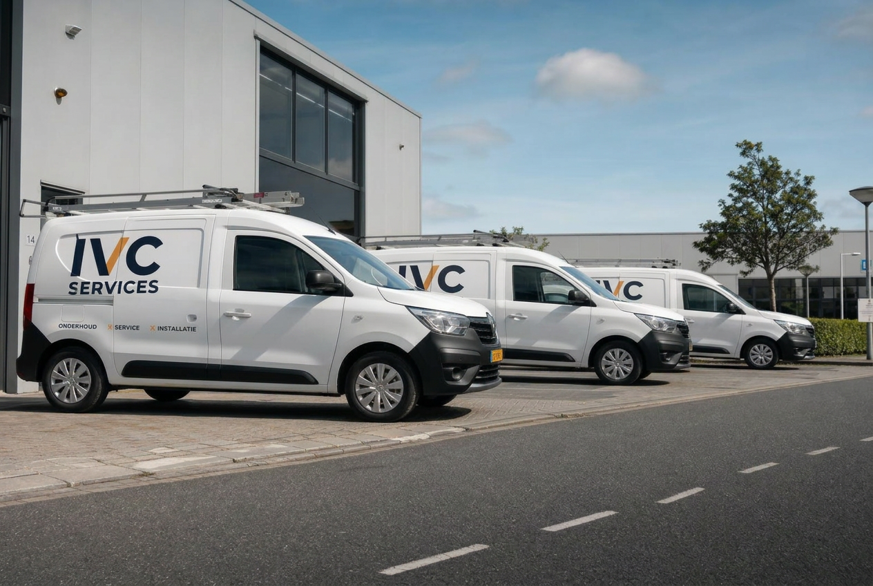 Drie bedrijfsbussen van IVC Services met logo